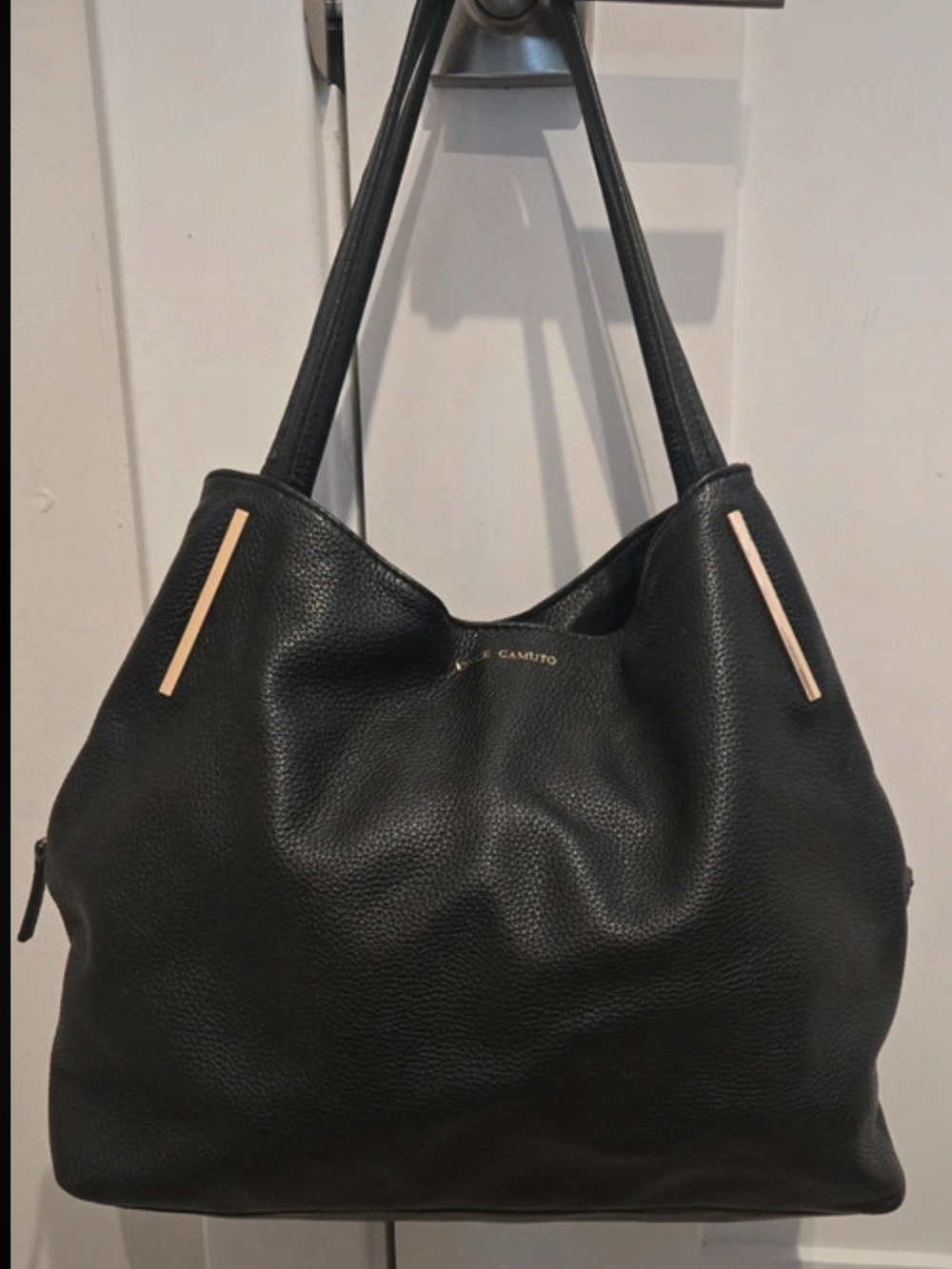 Vince Camuto Black Pebbled Leather Shoulder Bag with Gold Accents